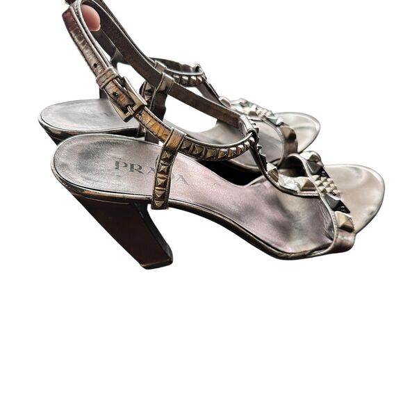 Prada 38 Patent Leather T-Strap Silver Studded crystals Accents Block Sandals - Picture 10 of 15